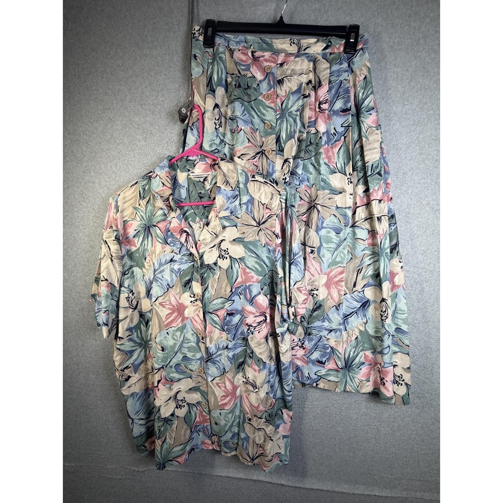Vintage Alfred Dunner Shirt Skirt Set Womens 16W Multicolor Floral Tropical